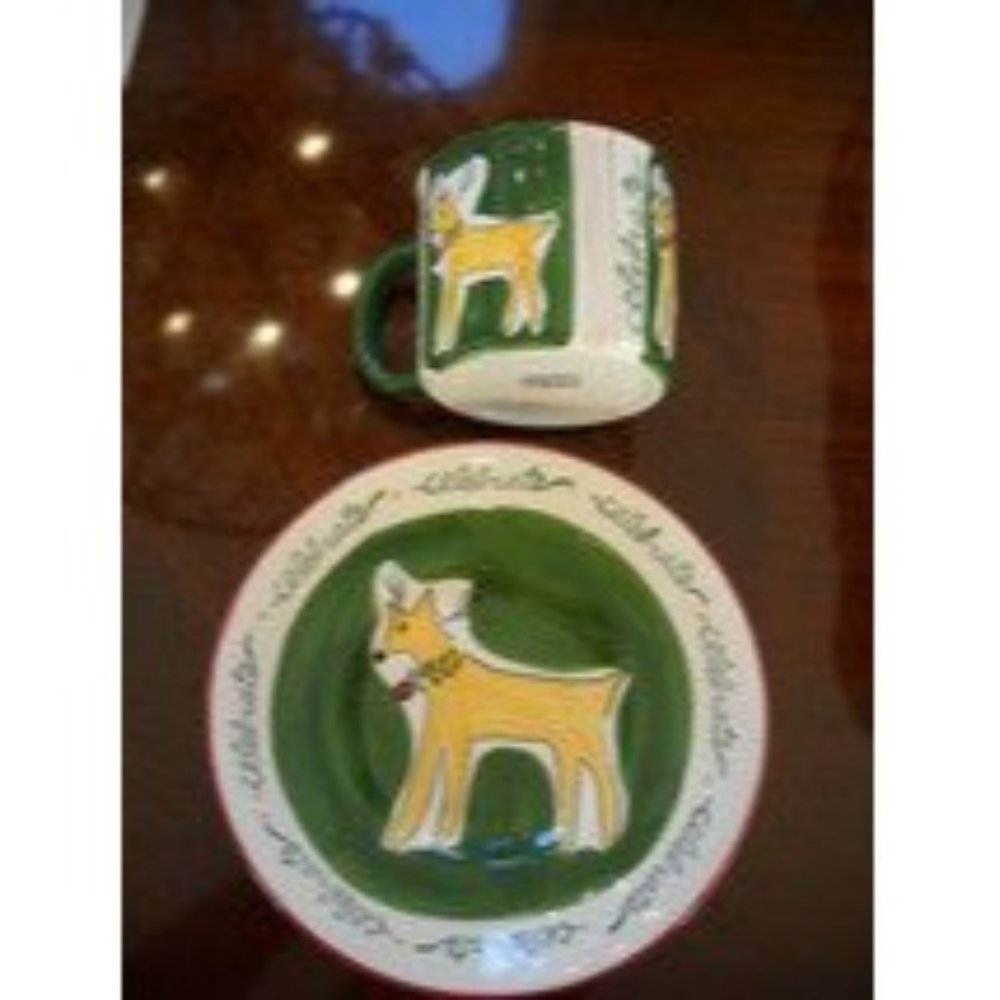 2 Piece Eddie Bauer Home Celebrate Reindeer Large Christmas Cup and Plate Set